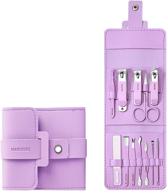 Portable Nail Clipper Set (12/16pcs), Folding Leather Nail Clipper Set, Easy Storage Manicure Kit with Clippers, Cuticle Trimmer & Care Tools, Compact Manicure Kit (Purple 12PCS)