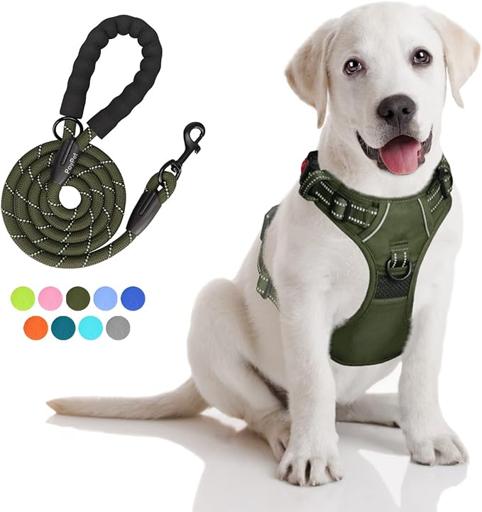 PoyPet No Pull Dog Harness and 5 Feet Leash Set, Release on Neck Reflective Adjustable Pet Vest, Front & Back 2 D-Ring and Soft Padded Pet Harness with Handle for Small to Large Dogs(Military Green,M)