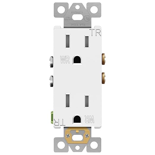 ENERLITES Decorator Receptacle, Tamper-Weather-Resistant, Gloss Finish, Residential Grade Outdoor Outlet, 15A 125V, Self-Grounding, 2-Pole, 3-Wire, 5-15R, UL Listed, 61501-TWR-W, White