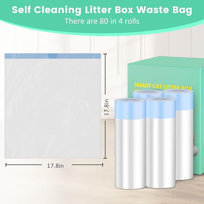 80 Count Waste Bags for Self Cleaning Cat Litter Box, 17.8 x 17.8 inches Replacement Extra Large Liners, 4 Rolls of Drawstring Trash Bags for Robot Automatic Litter Boxs (80 Counts/4 Rolls)