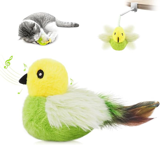 Migipaws Cat Toys,Interactive Lifelike Amakihi Flying Flapping Bird with Catnip, Feathers Hanging by Elastic String, Automatic Chirping Kitten Toys for Indoor Cats Self Play, Rechargeable(Green)