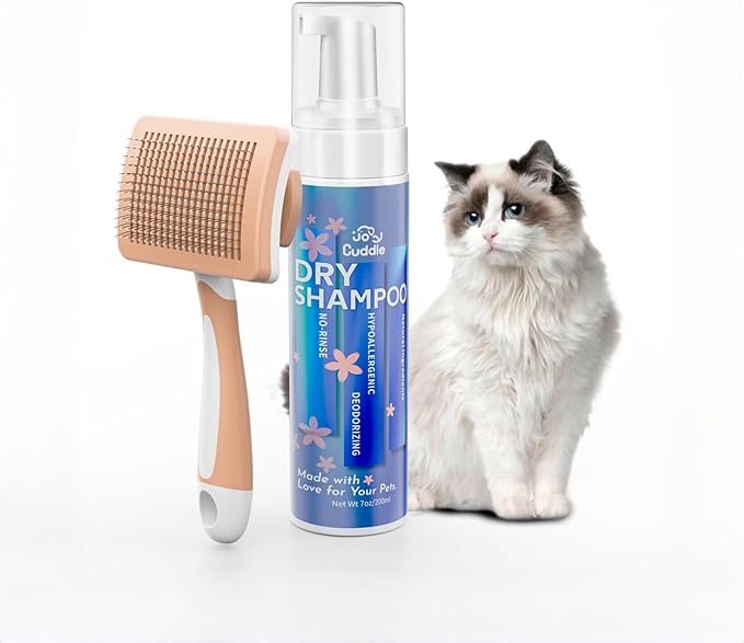 Waterless Cat Shampoo with Brush - No Rinse Safe Licking Foam, Reduce Shedding & Dander, Hypoallergenic for Kittens/Senior Cats, Quick Dry Grooming & Odor Control, Dry Shampoo pH Balanced (7 oz)