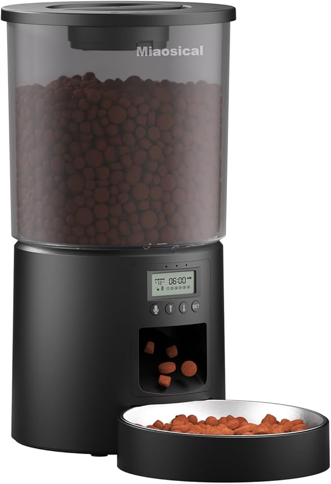 Automatic Cat Feeder with Dual Power Supply,Programmable 1-6 Meals Control Dry Cat Food Dispenser for Small Dog,Flexible Schedule Timer,10S Voice Record (Black, 4.2L Basic Model)