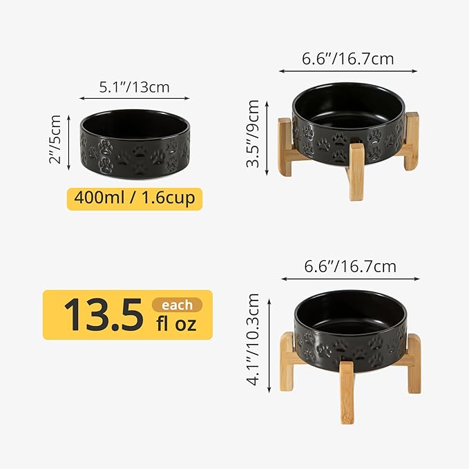 Elevated Ceramic Dog Bowls 2 Pack, 5.1" Individual Dog Bowl with 2 Fixed Height Stand, 1.6 Cup Food and Water Bowls for Toy Breed, Small-Breed Puppy (Double Bowls + Double Stands - Black, 5.1 inch)