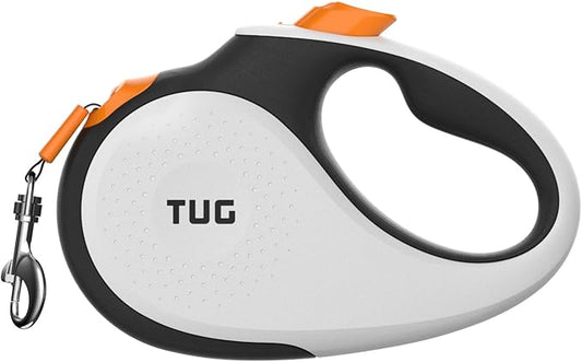 TUG 360° Tangle-Free Retractable Dog Leash with Anti-Slip Handle | 16 ft Strong Nylon Tape | One-Handed Brake, Pause, Lock (Medium, White/Orange)