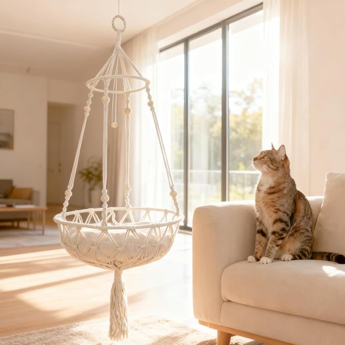 Cat Hammock Cat Window Perch, Bohemian-Style Hanging Basket Swing, Soft Pet Bed Cushion, Comfortable Window Kitty Bed, Perfect for Cats to Sunbathe, Take Naps, and Gaze Into the Distance 40*90CM
