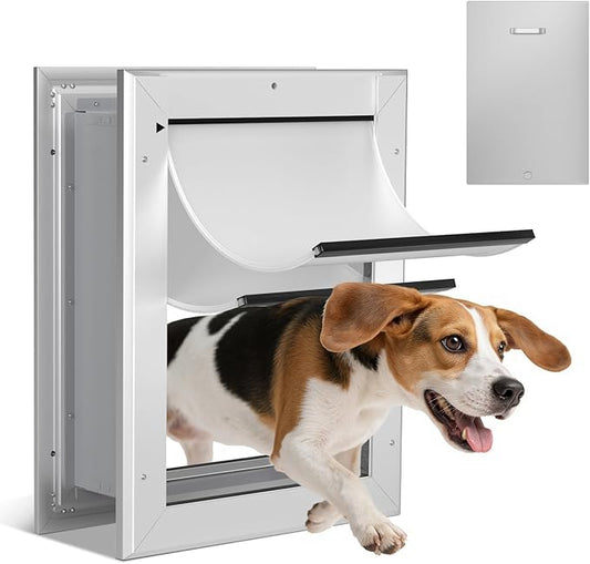 Ownpets Aluminum Double Flap Dog Door for Wall and Door, Energy Efficient, Lockable Pet Door, Heavy Duty Doggy Door for Dogs Up to 40lbs