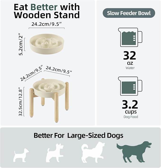 Ceramic 3.2 Cup Raised Slow Feeder Dog Bowl Set, Elevated Bowl with Wooden Stand for Large Dog, 9.5inch Puzzle Slow Pet Food Dish, Anti-Gulping(Beige, Single Bowl+ Stand)