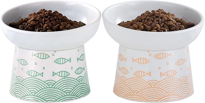 OMAYKEY Ceramic Raised Cat Bowls, Elevated Tilted Cat Food and Water Bowl Set, Porcelain Stress Free Pet Feeder Dish for Cats and Small Dogs, Dishwasher and Microwave Safe, Set of 2