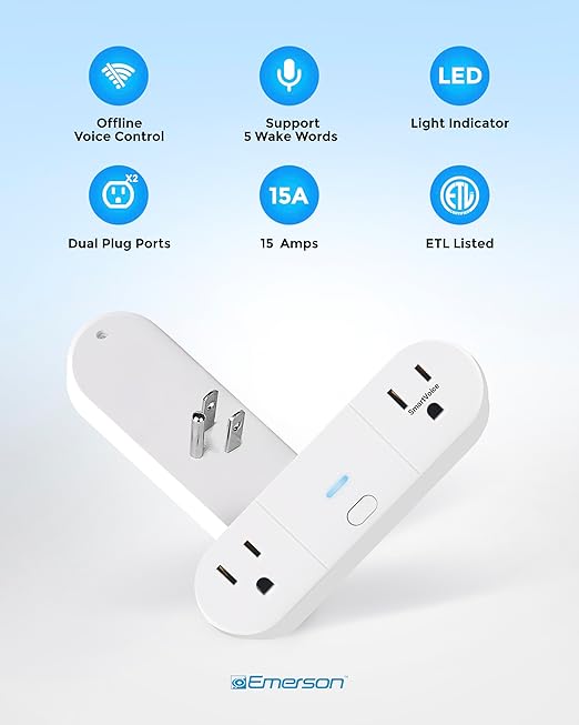Emerson SmartVoice 2-in-1 Dual Wall Plug, Offline 30+ Voice Control Commands - No APP, No WiFi, No Setup, Smart Outlet Extender for Home and Office, Sleep & Wake Timer, ETL Listed