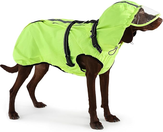 Dog Raincoat XL, Waterproof Rain Jacket for Dogs with Adjustable Built-in Harness & Back Zipper, Reflective Strip, Removable Hood, for Rainy Walks, Muddy Roads - Fluorescent Green