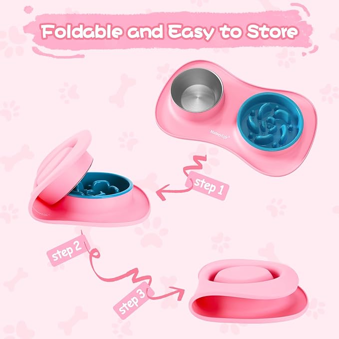 MateeyLife Dog Food Bowl Set 3 in 1, Dog Bowls & Water Stainless Steel Bowl with Non-Spill Silicone Mat, Slow Feeder Bowls for Small, Medium, Large Breeds, Cat Feeding Dish to Anti-Choking