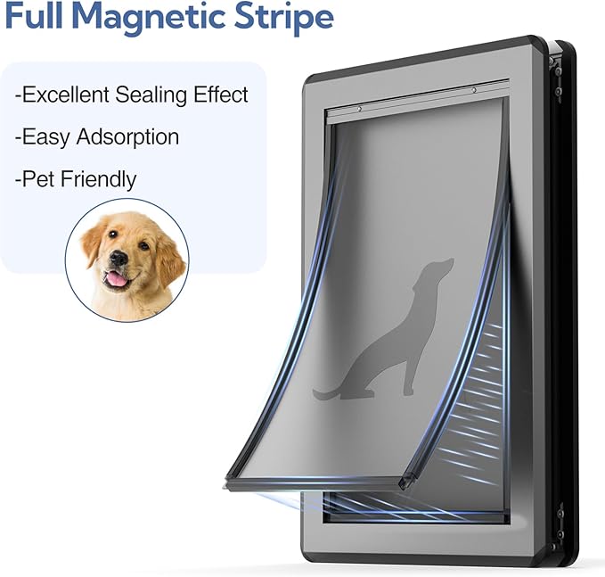 Dog Door for Exterior Door,Antirust & Heavy Duty Doggie Door,Aluminum Doggy Door with Two Flaps with Six Magnetic Strips, Pet Door (Black, Large)