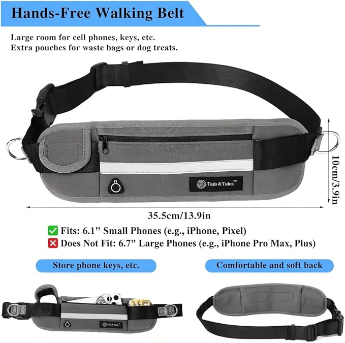 Tails & Tales Hands Free Dog Leash with Lightweight Waist Pouch for Walking Running Hiking, Adjustable Belt 25-45", Dual Padded Handles, Reflective Bungee Design for Small to Large 100lb Dogs (Gray)