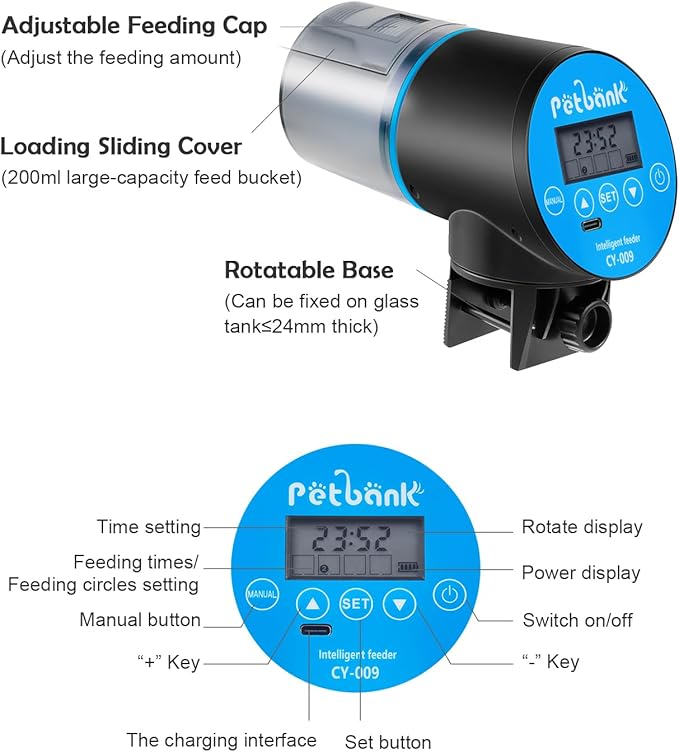 Automatic Fish Feeder for Aquarium - Rechargeable Fish Food Auto Dispenser Vacation Turtle Feeder with USB Charger Cable，LCD Screen, Customized Schedule (Blue)