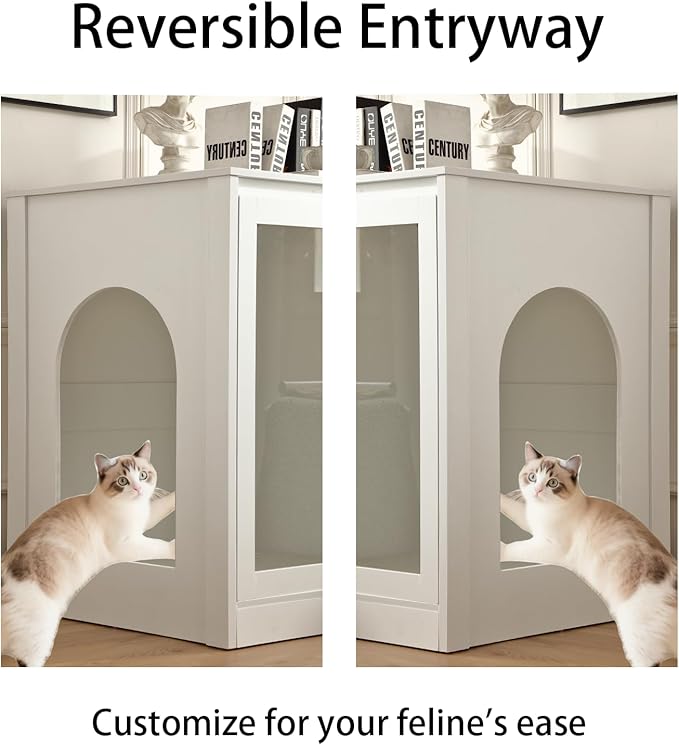 Cat Litter Enclosure with Cat-Observant Glass Doors,Litter Box Cabinet with Cozy LED for Cats,Reversible and Optional Entry(Left or Right),Power Outlet for More Choice, (White)