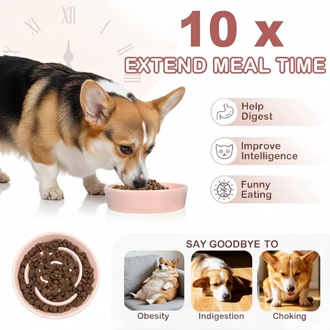 TRUVIC Ceramic Slow Feeder Dog Bowls, 1.5 Cup Puzzle Slow Feeder Bowls for Fast Eaters, Ceramic Dog Food Dish no Black Chin, Puzzle Bowl for Medium Dogs, Pink