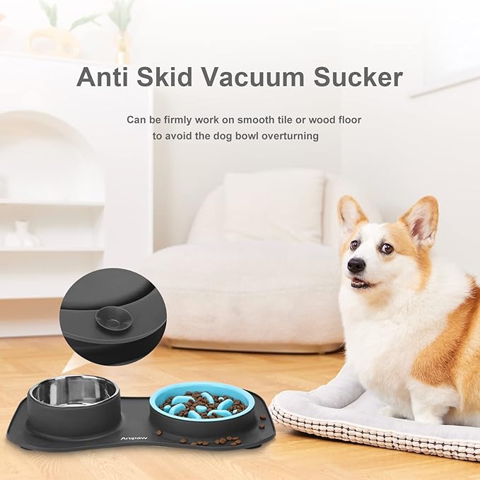 Slow Feeder Dog Bowls 3 in 1 Stainless Steel Food and Water Bowls with Non-Spill and Skid Silicone Mat to Slow Down Eating for Large Medium Small Breed Size Dogs and Cats