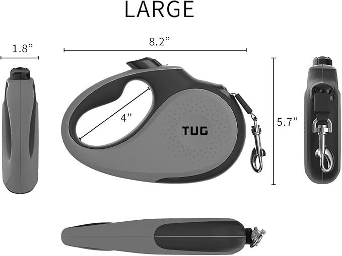 TUG 360° Tangle-Free Retractable Dog Leash with Anti-Slip Handle | 16 ft Strong Nylon Tape | One-Handed Brake, Pause, Lock (Large, Grey)