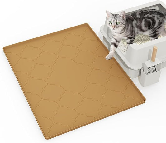 Cat Litter Mat, 28" X 22" Silicone Litter Box Mat, Cat Litter Trapping Mat for Indoor Use, Easy Clean for Scatter Control, Soft on Kitty Paws, Waterproof & Urine Proof, Brown