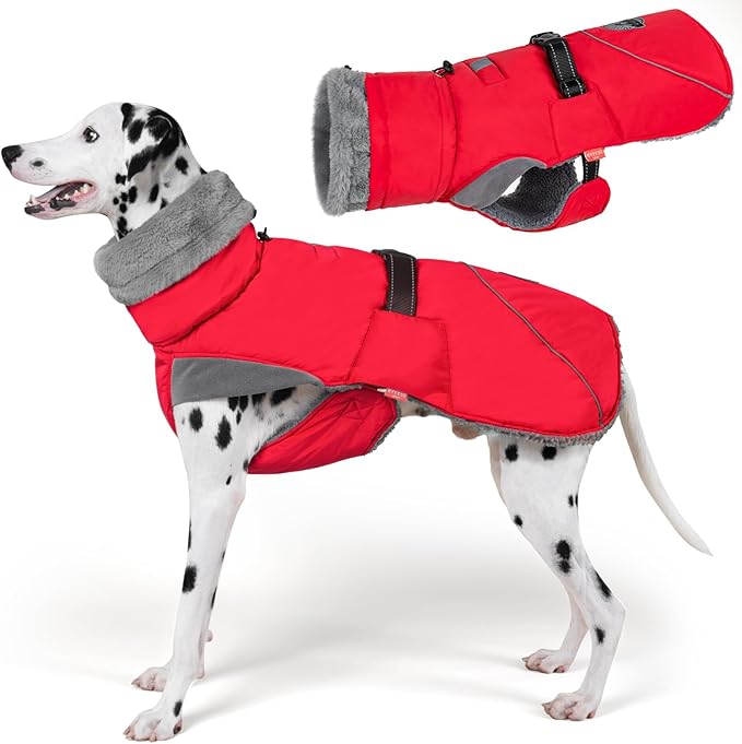 KYEESE Waterproof Dog Coat, Windproof Pet Jacket with Thick Fleece Lining, Extra Warm High Collar Dog Coats for Medium to Large Dogs with Leash Hole and Reflective Strips, Red, XX-Large