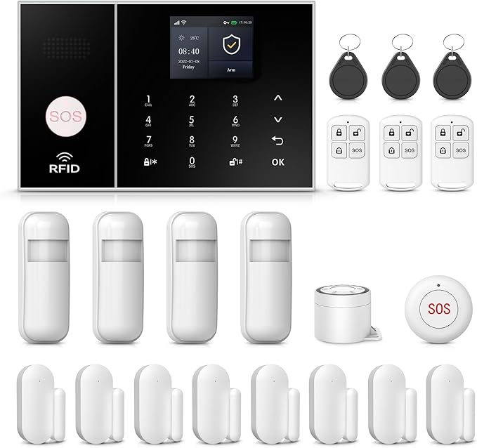 PGST Home Security Alarm System,Wireless DIY Door Sensor Alarm,PIR Motion Detector,Remote,SOS Button,Touch Screen,4G GSM/Tuya App Alert Push,Work with Google,21 Pieces Kit for Villa,Apartment