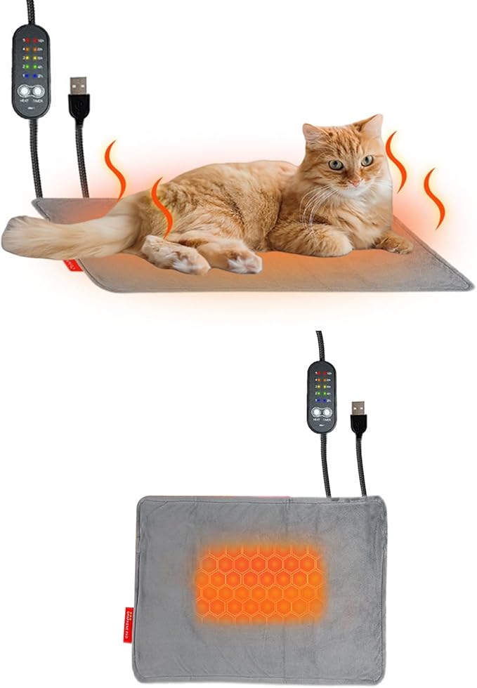 USB Heating Pad for Cats & Dogs, USB Powered Pet Heating Pad, 12x8in Pet Bed Warmer with Adjustable Temperature, Heated Cat Bed with Chew Resistant Cord & Removable Soft Cover, Pet Supplies