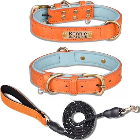 Leather Dog Collar Personalised and Leash Set, Personalized with Soft Padded Design Heavy Duty Featuring Custom Engraved Name Plate for Small Medium and Large Dogs