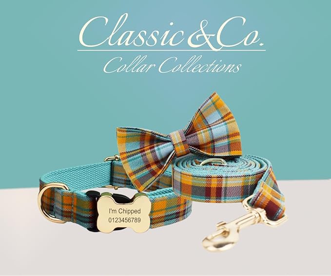 Personalized Dog Collar with Bone Buckle – Custom Name & Phone Number Engraved, Adjustable Quick Release for Small to Large Dogs (Plaid Tartan)