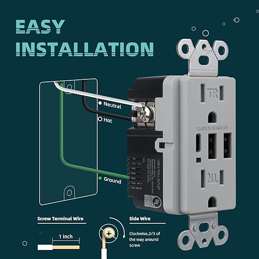 TOPELER USB Outlet, 30W 6.0A USB Electrical Socket with Type A & C Port, Duplex 20 Amp Tamper-Resistant Power Outlets for Kitchen, Living Room, Screwless Wall Plate Included, UL Listed, Grey