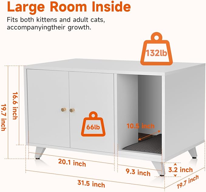 Cat Litter Box Enclosure, Hidden Litter Box Furniture Washroom Storage Cabinet, Modern Cat House with Scratche Pad (White)
