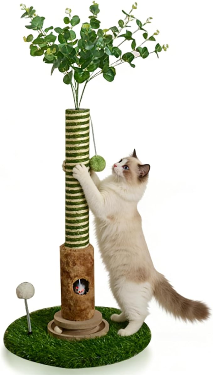 Cat Scratching Post, 35-inch Tall Cat Tree Tower - Premium Sisal Rope with Interactive Track Ball, Hand-Cranked Bell & Realistic Mouse Hole | Perfect for Kittens & Adult Indoor Cats