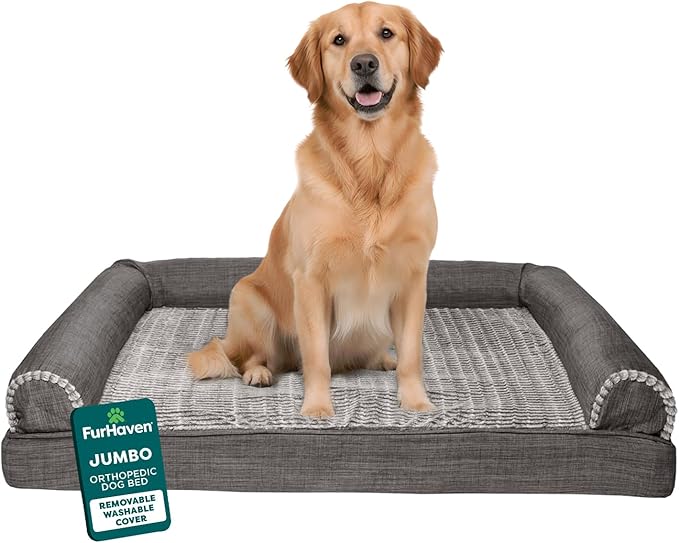 Furhaven Orthopedic Dog Bed for Large Dogs w/ Removable Bolsters & Washable Cover, For Dogs Up to 95 lbs - Luxe Faux Fur & Performance Linen Sofa - Charcoal, Jumbo/XL