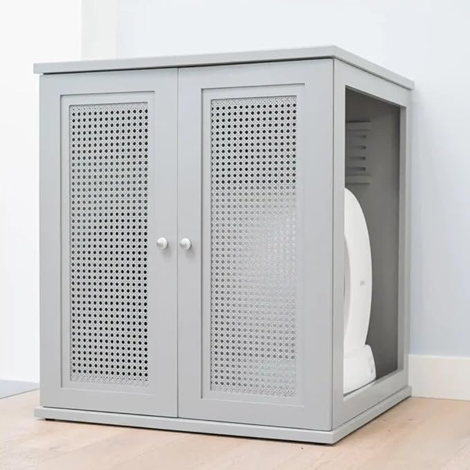 THE REFINED FELINE Refined Self-Cleaning Litter Box Cabinet, Wooden Cat Litter Box Enclosure for Automatic Litter Boxes, Smoke Gray, Cane Weave.
