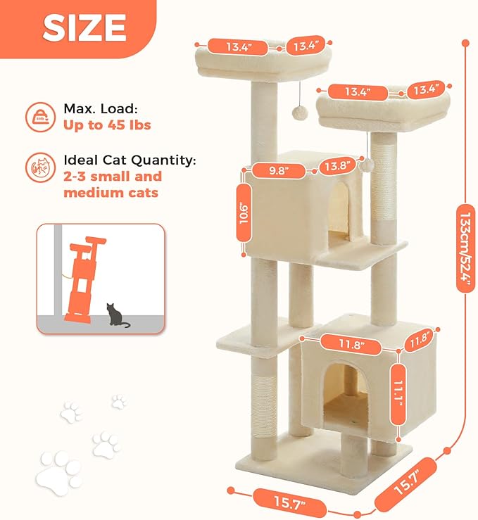 Cat Tree, 52.4 Inch Multi-Level Cat Tower for Indoor Cats with Dual Padded Top Perches, 2 Condos & Scratching Posts, Plush Cat Furniture for Kittens and Medium Cats, Beige