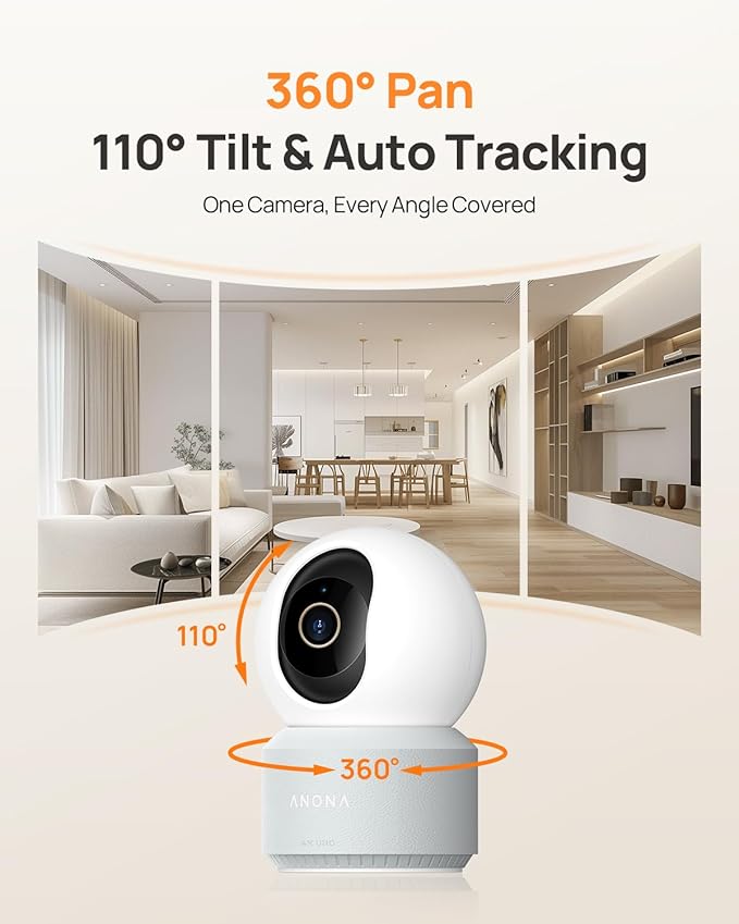 Anona 4K UHD Indoor Camera with 64GB SD Card, Pet/Dog/Baby Security Camera with Phone App, 360° Pan-Tilt, 2.4G/5G Wi-Fi 6, Auto-Tracking, Person/Pet/Baby Crying Detection, Privacy Mode, Two-Way Audio
