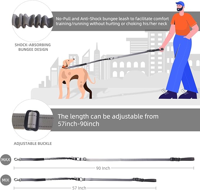 Roses&Poetry Hands Free Dog Leash for Medium Large Dogs Heavy Duty, No Pull Bungee Dog Running Waist Leash for Walking Training with Car Seatbelt 4-6FT