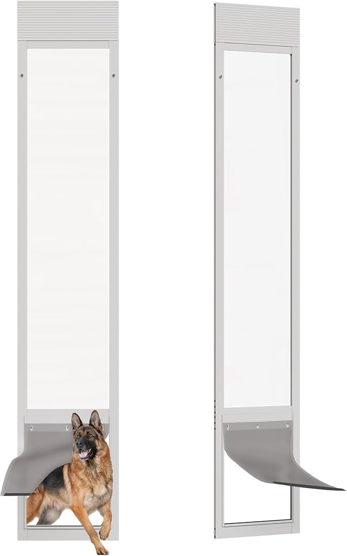 Dog Door for Sliding Glass Doors, Adjustable Height 91"-95 9/16" Aluminum Frame Tempered Sliding Door Dog Doors Insert with Lock, 10 x 15 Flap Size for Large Dogs
