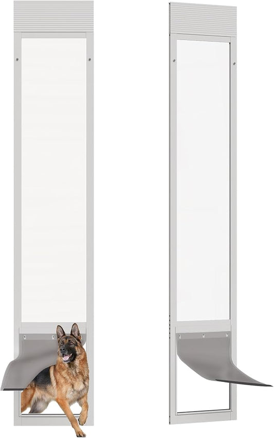 Dog Door for Sliding Glass Doors, Adjustable Height 91"-95 9/16" Aluminum Frame Tempered Sliding Door Dog Doors Insert with Lock, 10 x 15 Flap Size for Large Dogs