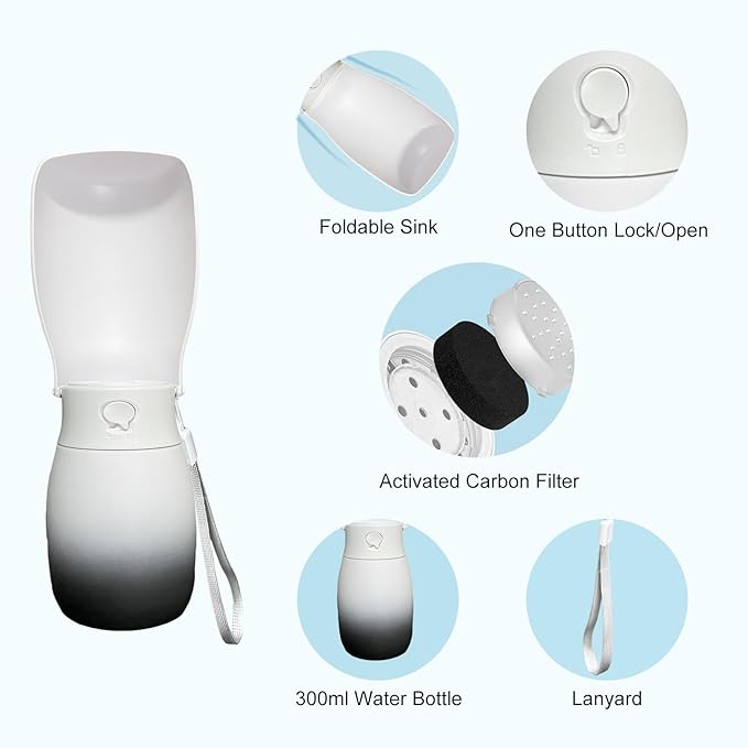 Portable Dog Water Bottle, Food Grade Plastic Dog Travel Water Bottle, Leak-Proof Puppy Water Bowl Dispenser for Outdoor, Dog Walking Accessories, Gifts for Dogs(10Oz, Black&White)