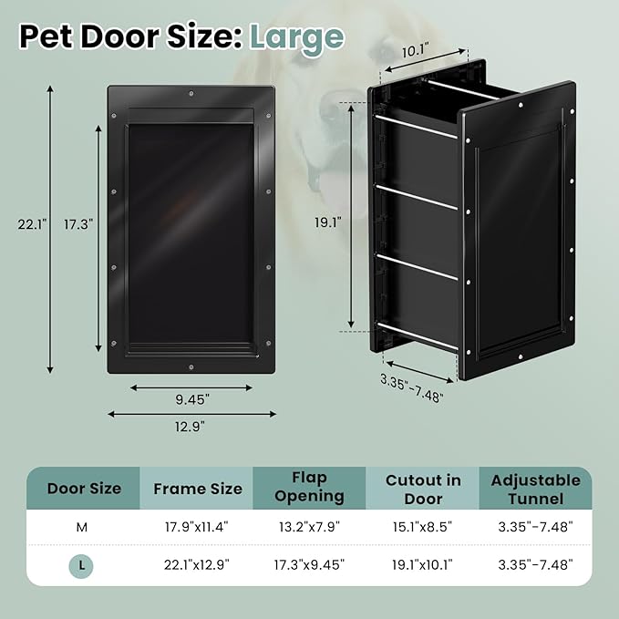 Durable Frame 3-Flap Wall Dog Door, Extreme Weather Large Doggy Door for Wall, Never Rust Wall Pet Door, Telescoping Tunnel, Insulation Flap, 2 Magnetic Flaps, for Pet Up to 100lb