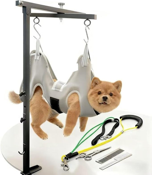 360 Rotatable Dog Grooming Arm with Clamp,Foldable Adjustable Height Dog Grooming Table Arm with Hammock and Restraint Dog Leashes,Pet Grooming for Small Medium Dogs at Home or Salon