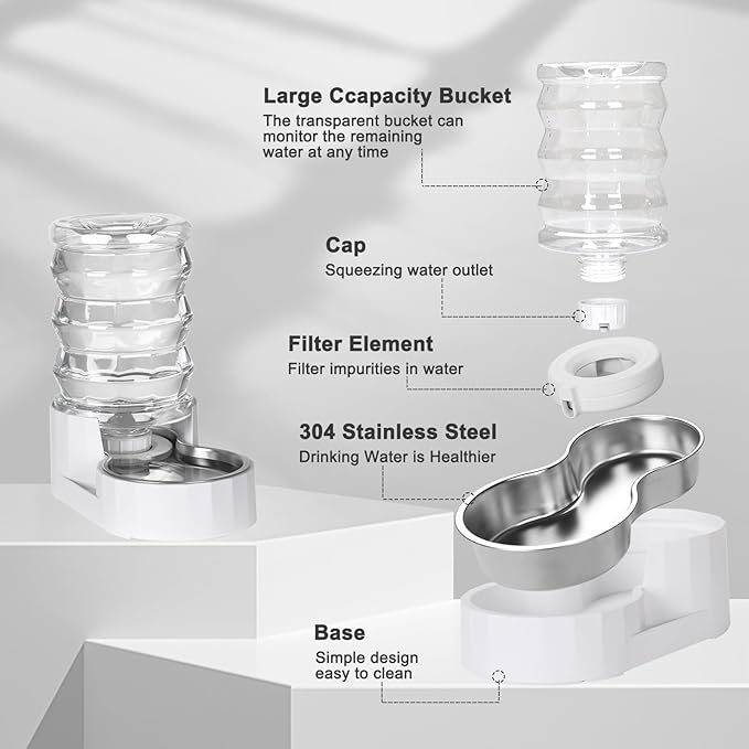 RIZZARI Pet Water Bowl Dispenser: 4L Automatic Stainless Steel Gravity Feeder with Specialized Brush and Triple Filter - Large Capacity for Cats and Dogs with Joint Spine Pain - for Kitchen Bedroom