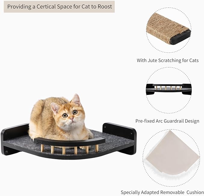 Cat Wall Shelves - 3 Steps Scratch Post & Hammock Bed with Plush Cover, Climbing Shelf for Indoor Cats (Black)
