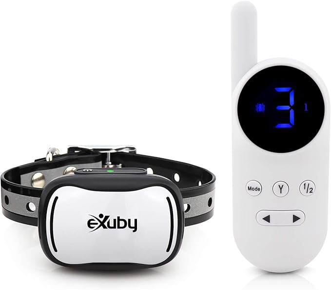 eXuby - Tiny Shock Collar for Small Dogs 5-15lbs - Smallest Collar on The Market - Sound, Vibration, & Shock - 9 Intensity Levels - Pocket-Size Remote - Long Battery Life - Water-Resistant - White