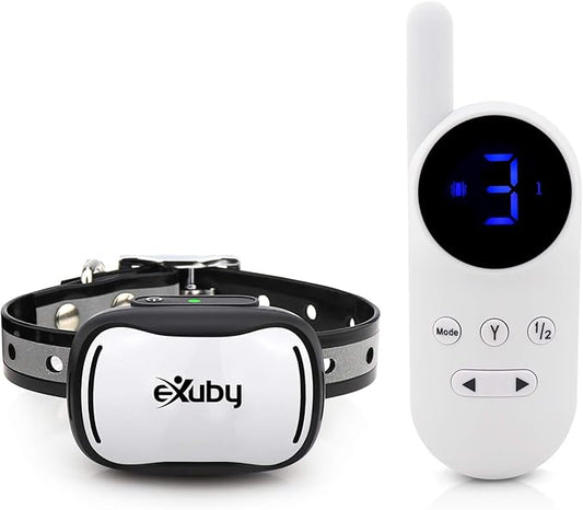 eXuby - Tiny Shock Collar for Small Dogs 5-15lbs - Smallest Collar on The Market - Sound, Vibration, & Shock - 9 Intensity Levels - Pocket-Size Remote - Long Battery Life - Water-Resistant - White