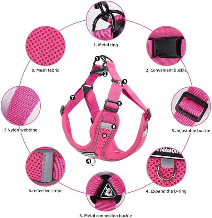 Dog Harness and Leash Set, Adjustable Triangle, Reflective Adjustable Puppy Vest, No Pull Soft Mesh Harness for Small, Medium Dogs, Cats (Fuchsia, M)