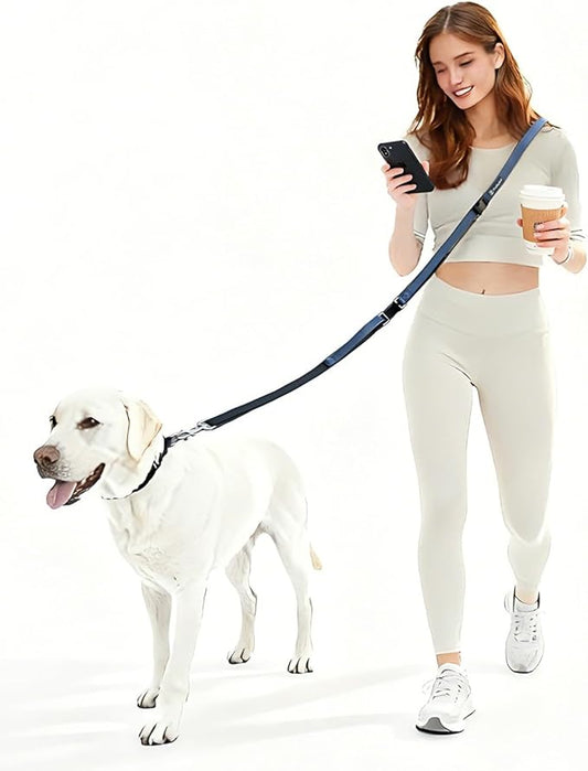 Black Multifunctional Hands Free Crossbody Durable Nylon Dog Leash for Medium Large Dogs, 4–6FT Adjustable Heavy Duty Double Handle Lead with City & Park Walking