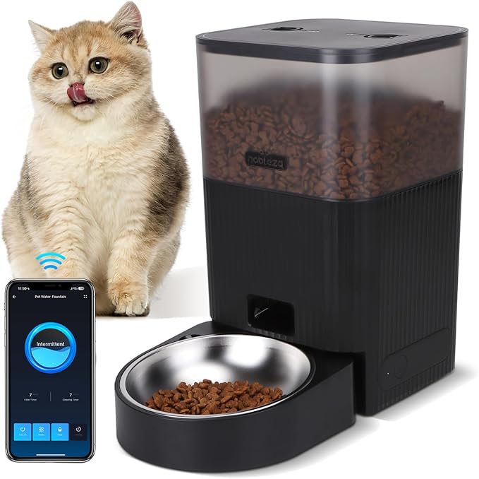 Nobleza Automatic Cat Feeder, WiFi 4.2qt Large Container Automatic Dog Feeder Dispenser with Slow Feeding Sensor, Easy Setup with Dual Power Safety Material Cat Food Dispenser