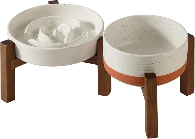 Ceramic 1.2 Cup Raised Slow Feeder Dog Bowl Set, Elevated 6.1inch Bowl and 7.3inch Dish with Acacia Wood Stand for Small and Medium Dogs(2 x Vanilla White+ Stand)